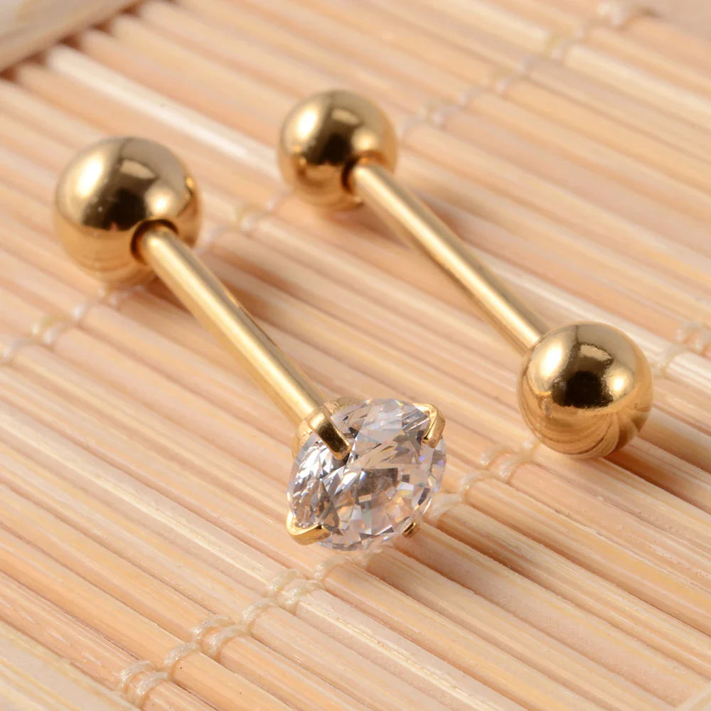 2PCS Anti-Allergy Surgical Steel  Prong Zircon Tongue Barbell Piercings Ball Tongue Barbell Rings Fashion Piercing Jewelry