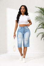 2025 Summer New Calf-Length Jeans For Women Fashion Ripped Slim Fit Butt Lift Denim Straight Legs Casual Clothing