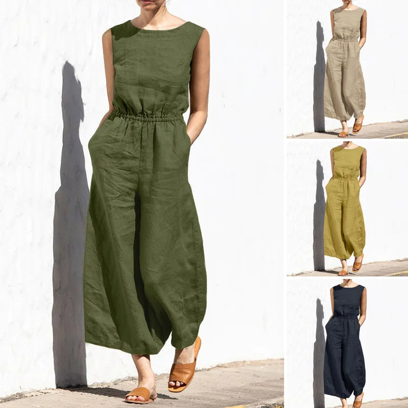 Elegant Solid Cotton Linen Women Jumpsuit Fashion Button O Neck Sleeveless Pocket Jumpsuits Ladies Elastic Waist Office Clothing