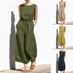 Elegant Solid Cotton Linen Women Jumpsuit Fashion Button O Neck Sleeveless Pocket Jumpsuits Ladies Elastic Waist Office Clothing