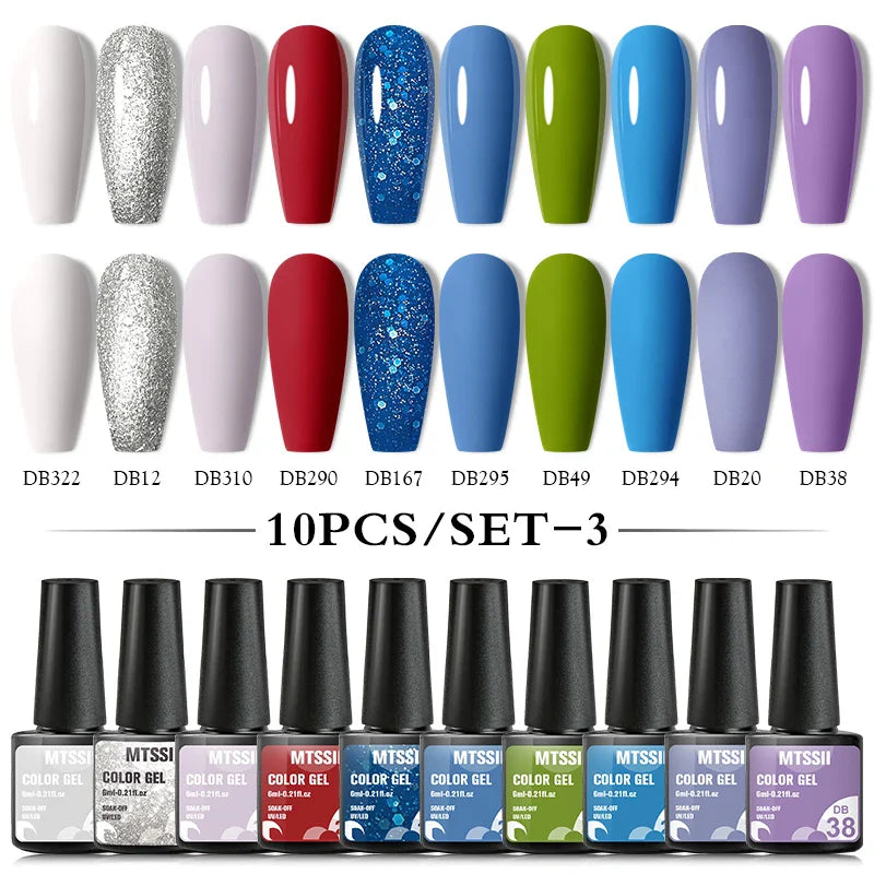 10PCS/Set Gel Nail Polish Set 125 Colors Glitter Semi Permanent Hybrid Gel Varnishes Base Top Coat Soak Off UV LED Nail Art Gel