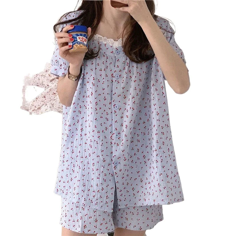 Cherry Sleepwear Pajamas Women Summer Short Sleeve Shorts Sweet Small Lace Japan Fashion Ins Student Korean Homewear Set