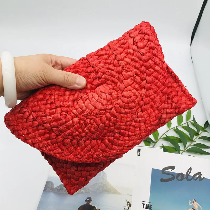 Corn Husk Weave Dinner Clutch Bag Women's Fashion Simple Solid Straw Large Purse Woman Summer Casual Vacation Ladies Wallet 2025