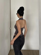 American Style Spicy Girl Sleeveless Polo Neck Solid Bodysuits Women's 2024 Summer New Sexy Backless High Waisted Slim Top Q29N