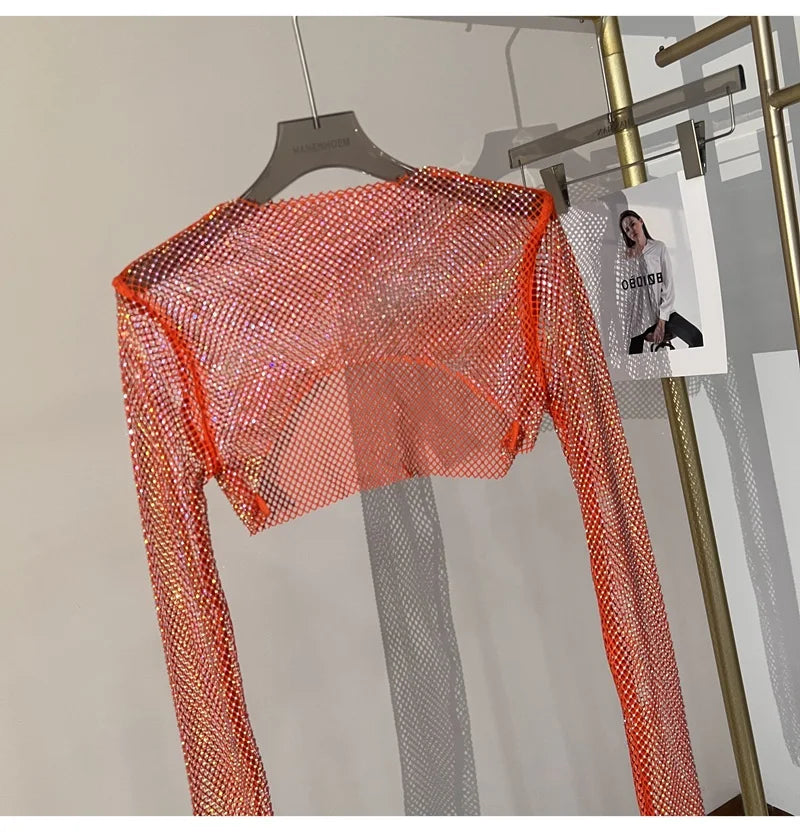 2023 new sexy bright diamond short top Slim thin Ms. hot drill long-sleeved T-shirt sexy leak waist nightclub