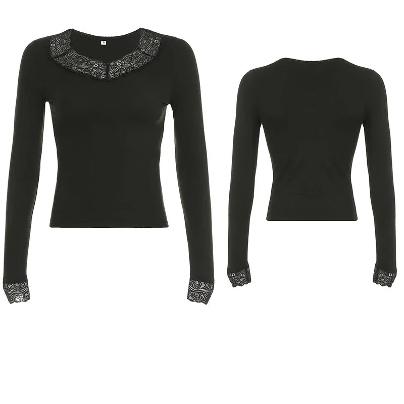 Cuteandpsycho Lace Patchwork Solid Slim Tee Shirts Long Sleeves V-neck Aesthetic Fashion Clothes Vintage Streetwear Black Tops