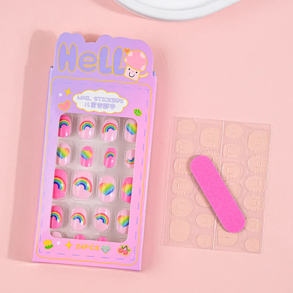 24Pcs Children Cartoon Nail Tips Colorful Cute Rabbit Pink Stars 6-14 Years old Girl Fake Nail With Jelly Glue Kids False Nail