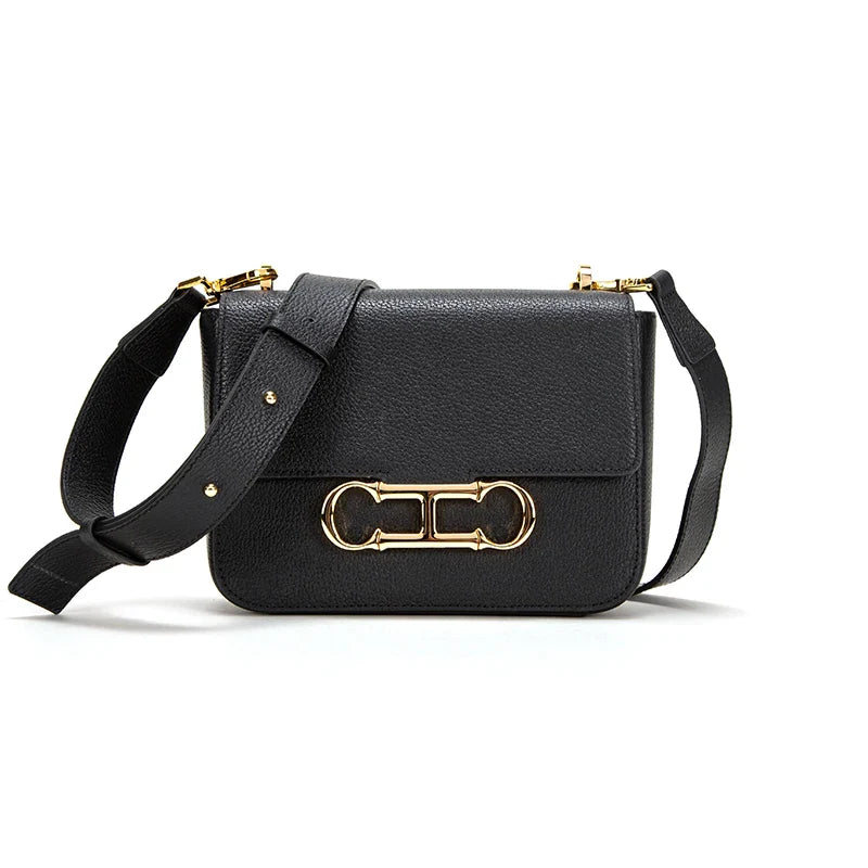 CHCH Women's Saddle Bag 2024 Autumn/Winter New Black Cow Leather Flip Small Square Bag Simple Commuter Diagonal Cross Bag