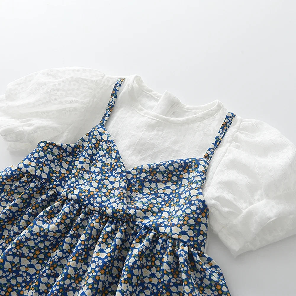 Bear Leader Girls Floral Dresses 2023 Summer New Children's Rustic French Chiffon Floral Fake Two Pieces Halter Dress