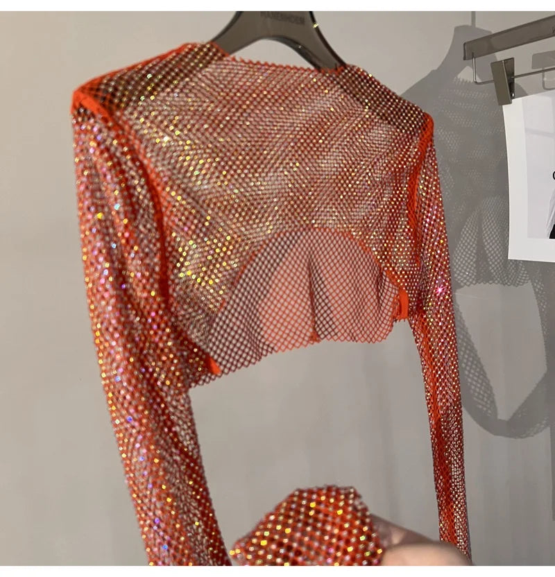 2023 new sexy bright diamond short top Slim thin Ms. hot drill long-sleeved T-shirt sexy leak waist nightclub