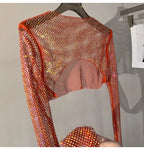 2023 new sexy bright diamond short top Slim thin Ms. hot drill long-sleeved T-shirt sexy leak waist nightclub