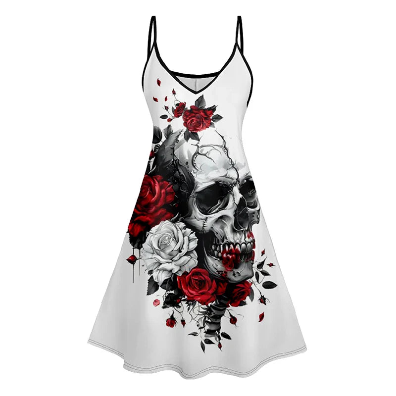 Dressfo Women's Summer Dresses Halloween Rose Injured Skull Print Hem V Neck Dress O Ring Straps Sleeveless A Line Tank Dress