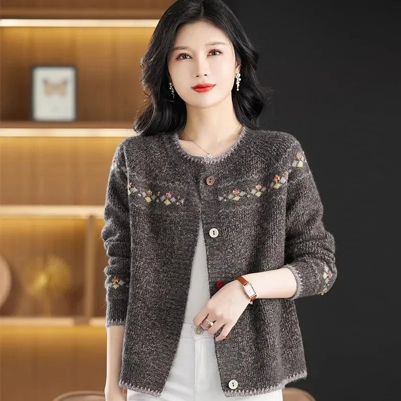 2024 New Sweater Coat Ladies Retro Jacquard Knitwear Cardigan Jacket Early Spring Autumn Western-Style Outerwear Loose Women Top
