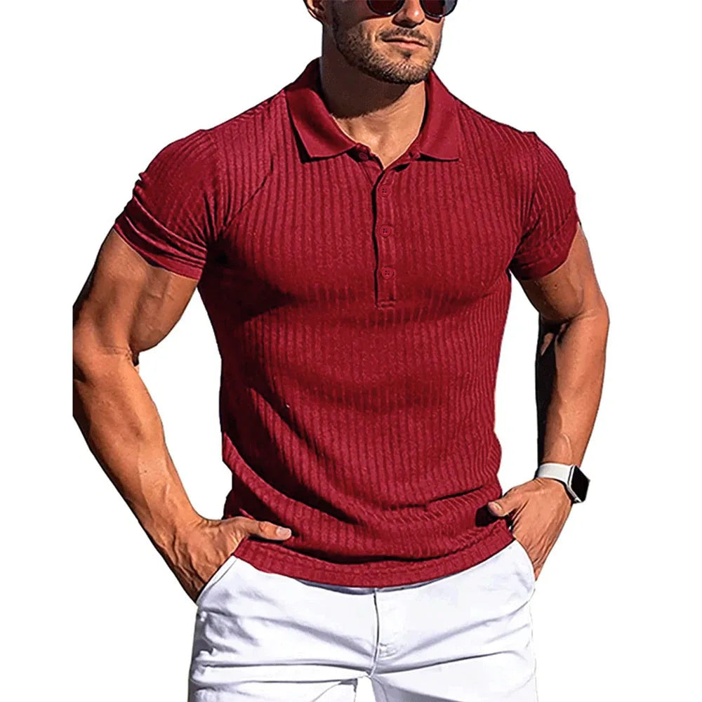 Brand Name Stylish Summer Polo - Men's Elastic Short Sleeve with Bold Stripes and Stand Collar