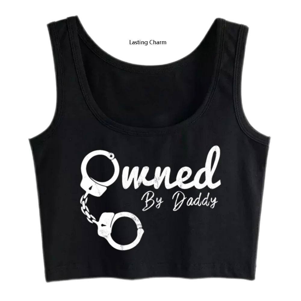 Handcuffs Graphics Owned By Daddy Design Sexy Slim Crop Top Sugar Baby BDSM Kinky Submissive Tank Tops Ageplay Camisole