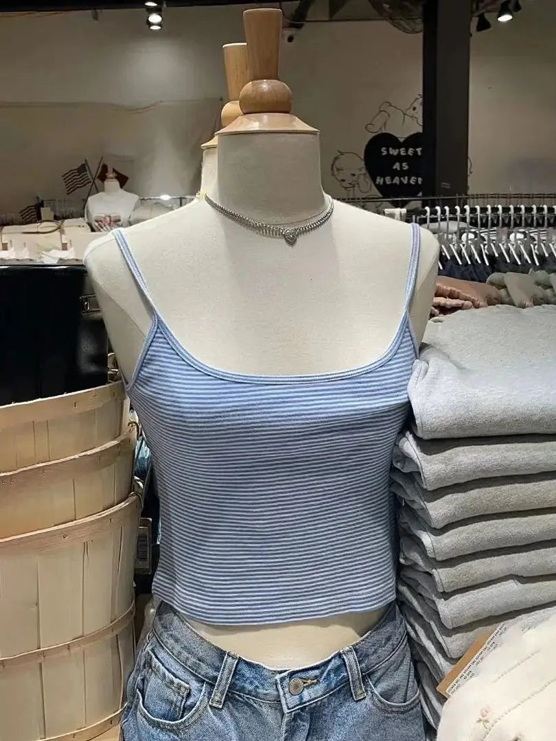 Blue Striped Tank Shorts Pajama Set Women Summer Sleeveless Crop Top+Elastic Waist Straight Short Pant Cotton Home 2 Piece Sets