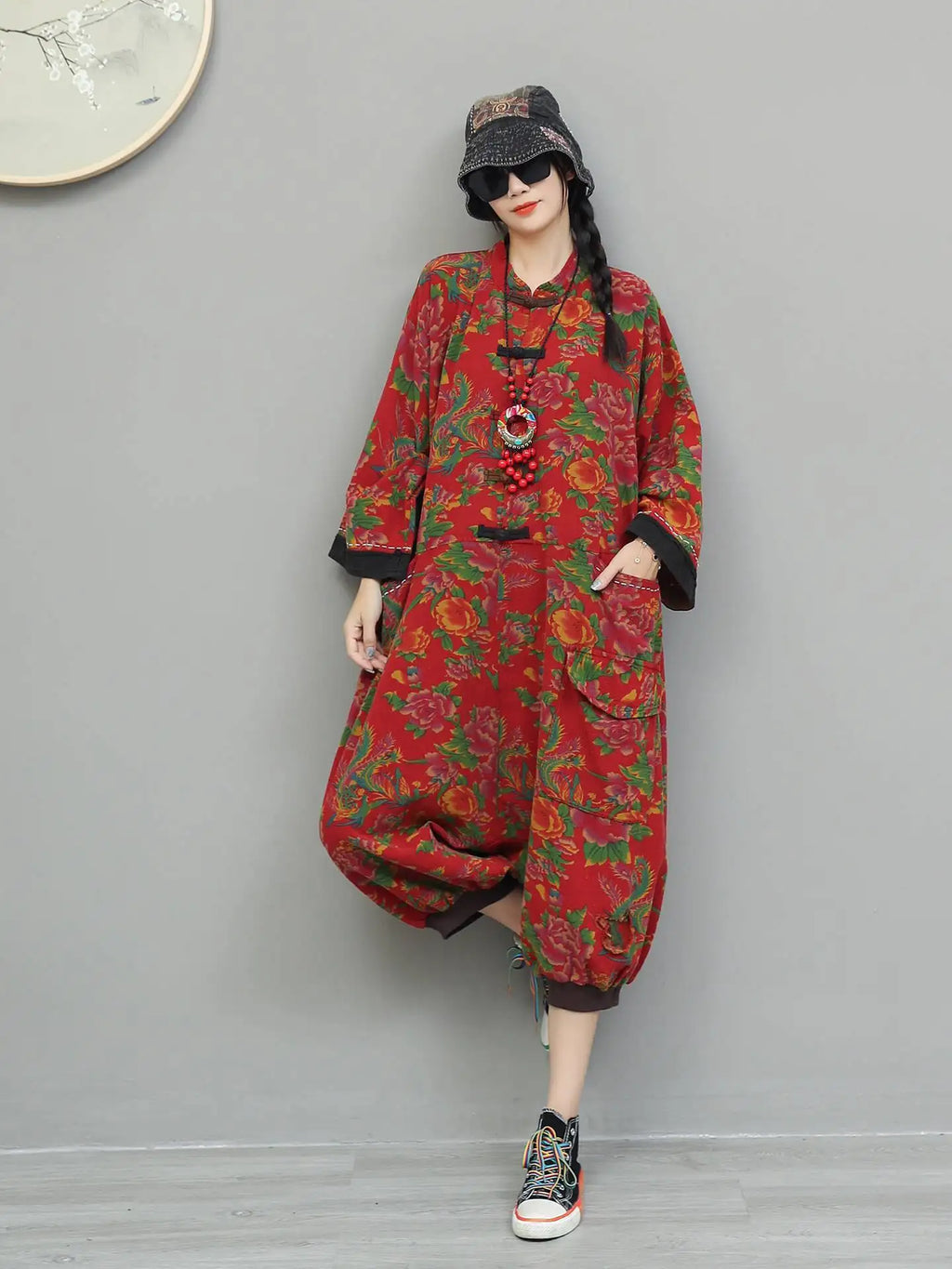 Artistic Large Floral Cotton Linen Chinese Style Button Embroidery Loose Casual Jumpsuit Women LX4344