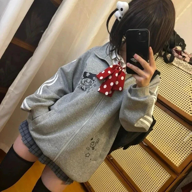 Black Cute Sweatshirts Coat Women's Clothing Stand Neck Zipper Jackets Y2k Tops Fashion Casual Hoodies Ropa Mujer Chic