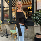 Candyhot Solid Elegant Off Shoulder Ribbed Crop Tops Autumn Fashion Casual Skinny Long Sleeve Camis Gentle Y2K Tight T-shirts