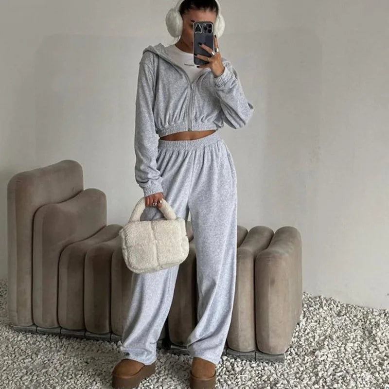 Autumn Winter Casual Two Piece Set Women Street Trend Long-sleeved Hooded Cardigan Sexy Waist Waist Elastic Trousers Tracksuit