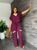 Elegant Women's Casual Short Sleeve T-shirt Sports Suit Summer Fashion Solid V Neck Short Top & Straight Pants Two Piece Sets