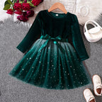 2025 Red Christmas Dress for Baby Girls Winter Long Sleeve Mesh Dresses for 3-8Yrs Kid Star Sequin Birthday Party Princess Dress