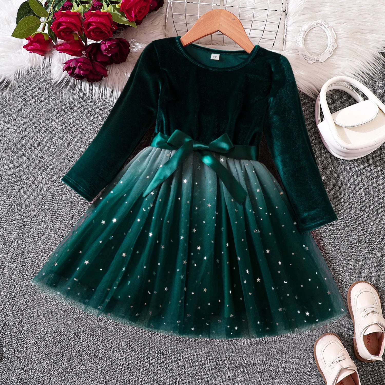 2025 Red Christmas Dress for Baby Girls Winter Long Sleeve Mesh Dresses for 3-8Yrs Kid Star Sequin Birthday Party Princess Dress