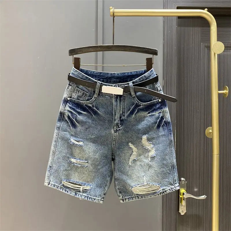 2024 Summer Latest Design Women's Knee-Length Casual Cotton Short Jeans Shorts Washed Blue Ripped Hole New Kpop Luxury Jeans