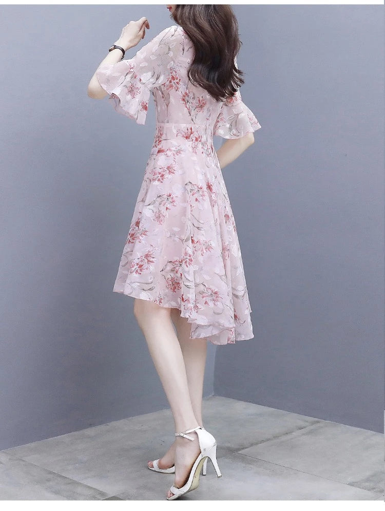 Ele Summer  Women's Midi Dr ang Hai Sle Sweet Princ round Ne ort Sve A-Line Skirt Printed Chiffon Dr