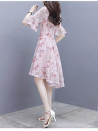 Ele Summer  Women's Midi Dr ang Hai Sle Sweet Princ round Ne ort Sve A-Line Skirt Printed Chiffon Dr