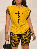 Digital Print round Neck Short Sleeve Women's Suit Summer New Style Elegance Quality Polyester Fiber Skirt Set from Mainland Chi