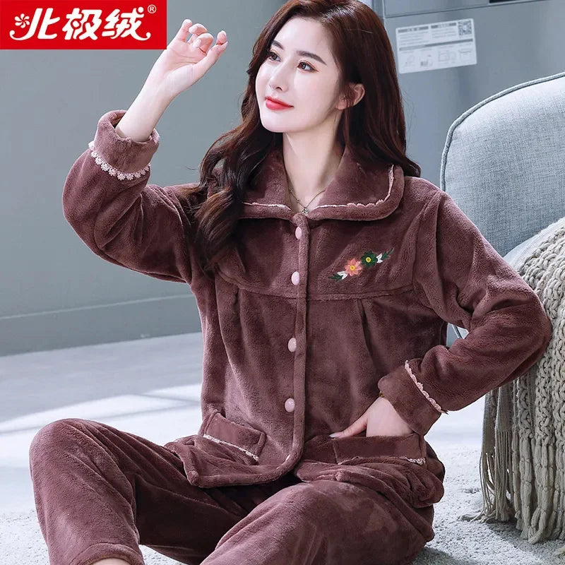Autumn Winter Thicken Flannel Women Pajamas Set Two-piece suit Warm Loose Long-sleeve Female Casual Home service Single-breasted