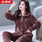 Autumn Winter Thicken Flannel Women Pajamas Set Two-piece suit Warm Loose Long-sleeve Female Casual Home service Single-breasted