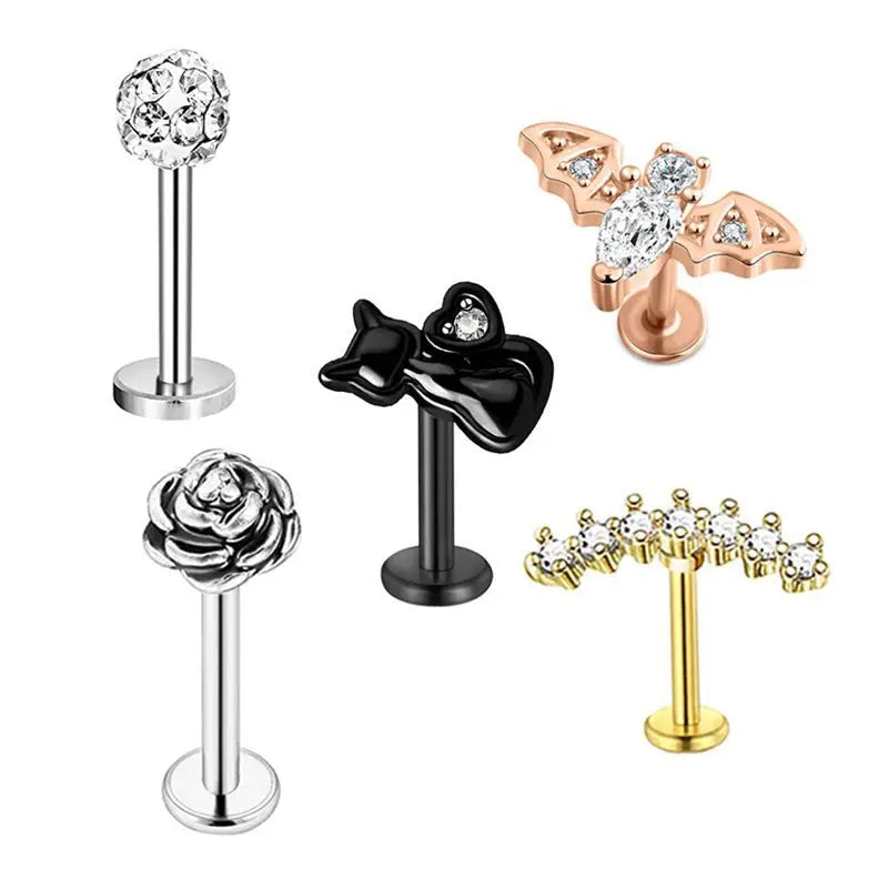 5PCS Flower Tragus Piercing Set Flat Back Cz Cartilage Stud Earring Helix Jewelry Conch Rook Stud Lot Labret Lip Piercing Bulk