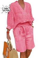 2024 Summer Fashion New Matching Collection Loose and Elegant V-neck Short Sleeve Cotton Linen Top Wide Leg Shorts Two Piece Set