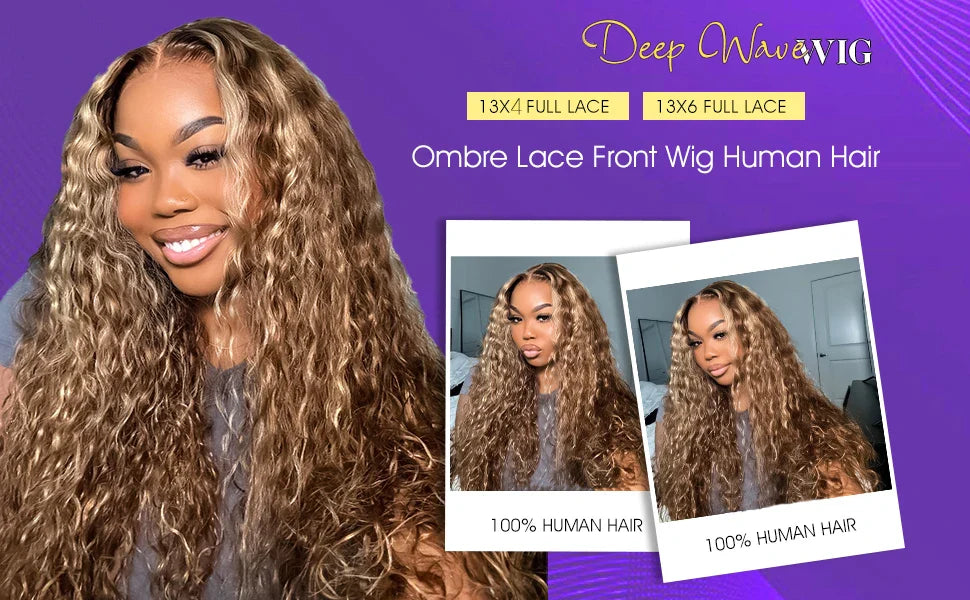 13x6 Highlight Wig Human Hair Deep Wave 40 Inch HD Lace Front Human Hair Wig 200 Density 4/27 Ombre Brown Blonde Lace Front Wigs