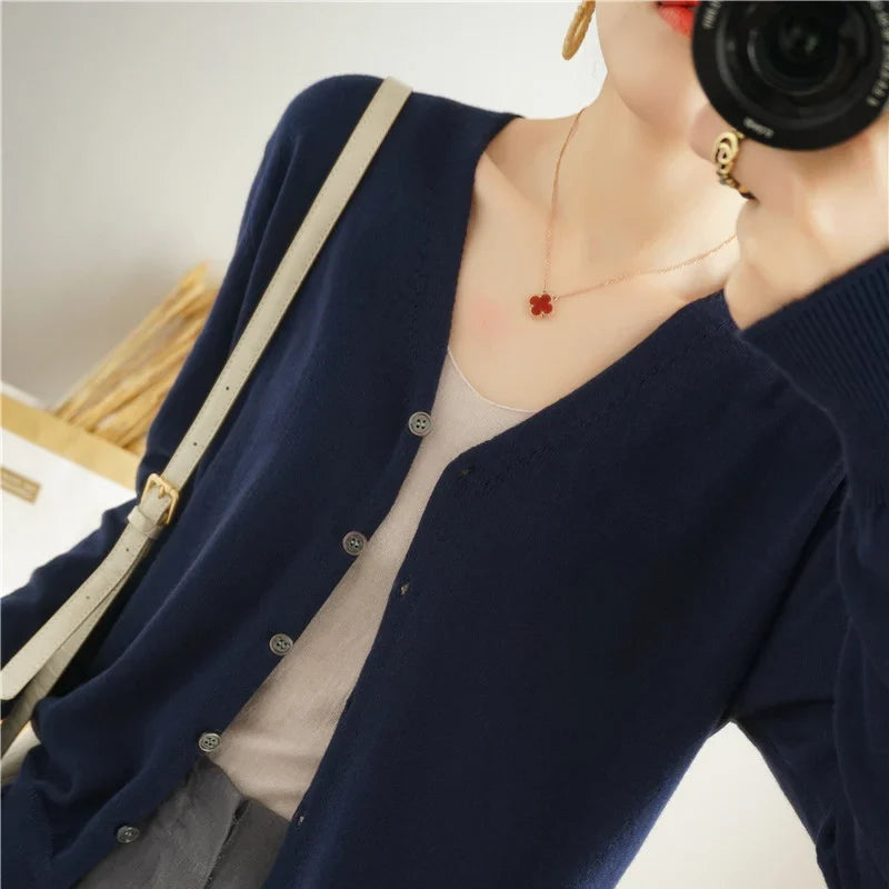 100% Cotton Line Long Sleeve V-Neck Knitted Cardigan Women Loose Short Solid Color Simple Sun Protection SMY K61