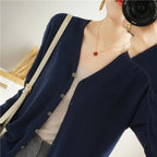 100% Cotton Line Long Sleeve V-Neck Knitted Cardigan Women Loose Short Solid Color Simple Sun Protection SMY K61