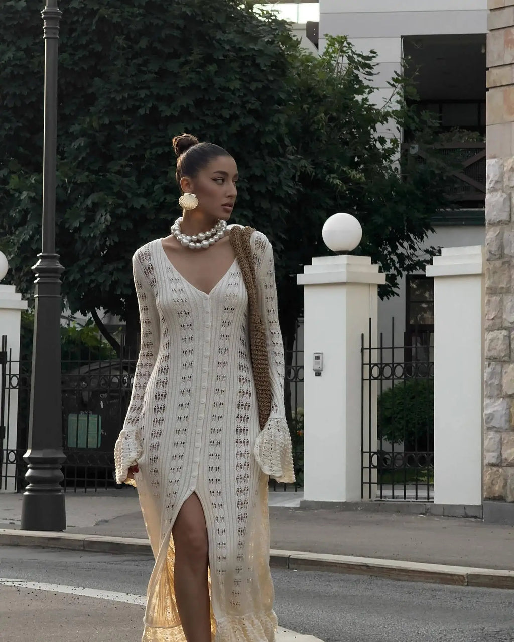 DSMTRC 2025 Holiday Knitted See-throught Cardigan Dress V Neck Long Flare Sleeves Leisure Long Trendy Single Breasted Autumn