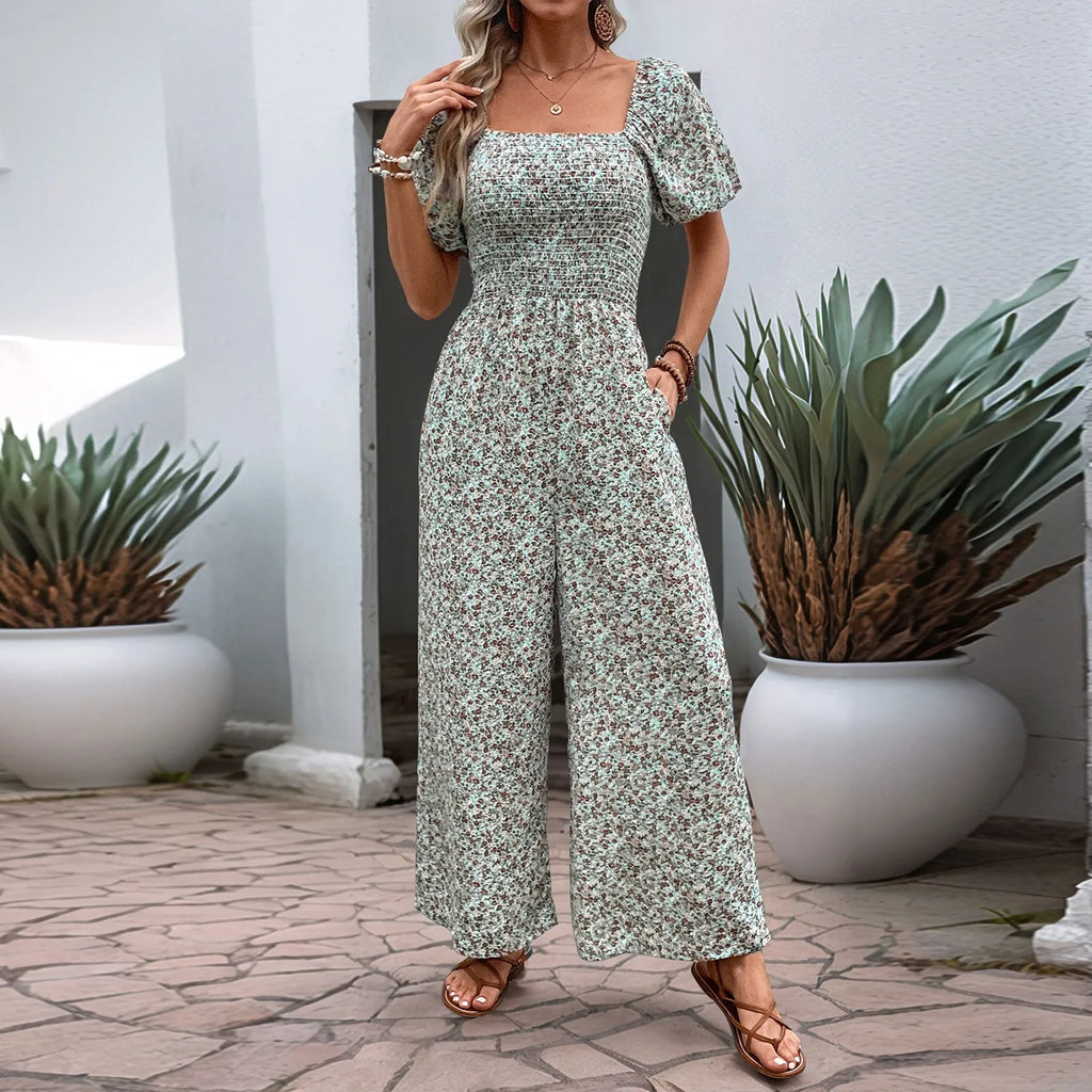 Bohemian Vacation Holiday Jumpsuit Women Pleated Wide Leg Rompers Chiffon Print Ethnic Playsuit Summer Casual Jumpsuits