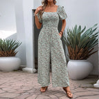 Bohemian Vacation Holiday Jumpsuit Women Pleated Wide Leg Rompers Chiffon Print Ethnic Playsuit Summer Casual Jumpsuits
