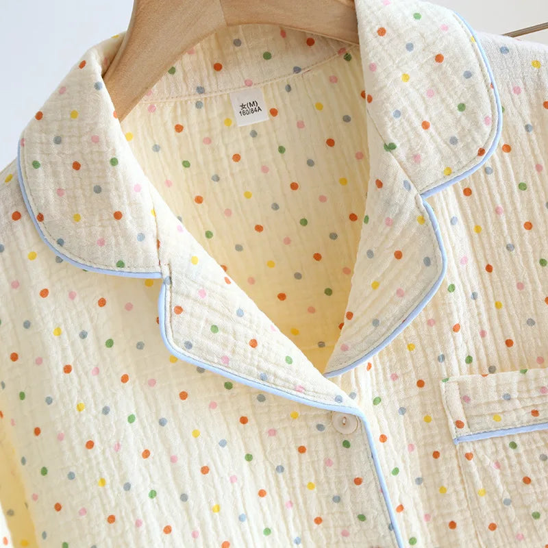 2025 New Summer Women's Pajama Set 100% Cotton Crepe Short Sleeve+Shorts+Pants 3-Piece Pajama Women's Cardigan Home Clothes