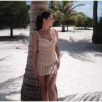 Elegant Knit Women's Summer Dress Elegant Pearl Decoration Square Collar Sleeveless Female Short Dresses Chic Ladies Beach Robe