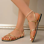 Brand Designer Gold Pu Cross Strap Sandals Women 2025 Summer Round Toe Narrow Band Flat Heels Sandals Sexy Beach Shoes Women