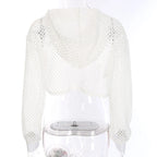 CIBBAR Street Style Fishnet Holes T Shirt See Through Hollow Out Hooded Full Sleeve Crop Top Women Casual Loose Shirt Smock Fall