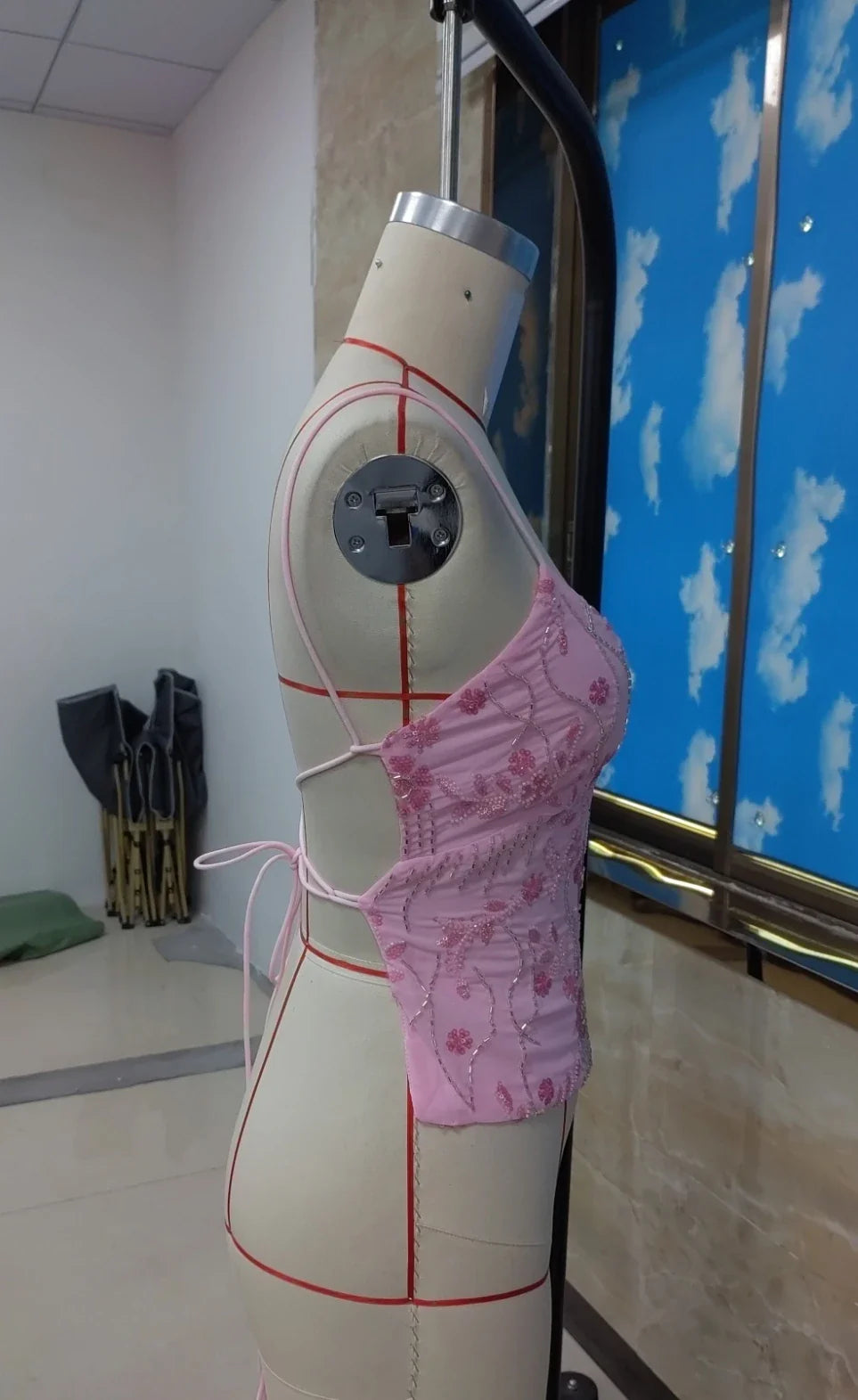 Combhasaki Women Summer Sleeveless Beading Camis Top V-neck Tie-up Cross Backless Pearl Glitter Sequin Flower Embroideried Vest