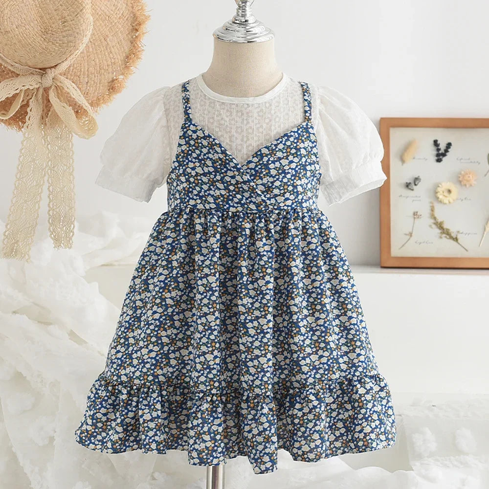 Bear Leader Girls Floral Dresses 2023 Summer New Children's Rustic French Chiffon Floral Fake Two Pieces Halter Dress