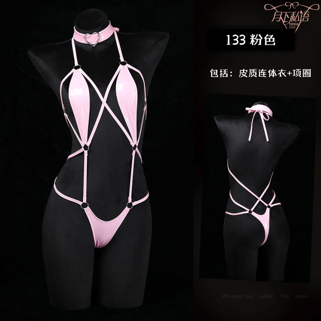 Anime Cosplay Girls Halter Leather Swimsuit Cross Straps Bandage Jumpsuit Bodysuit Lingerie Costumes Hollow Out Pajamas