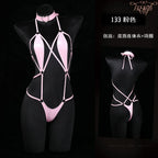 Anime Cosplay Girls Halter Leather Swimsuit Cross Straps Bandage Jumpsuit Bodysuit Lingerie Costumes Hollow Out Pajamas