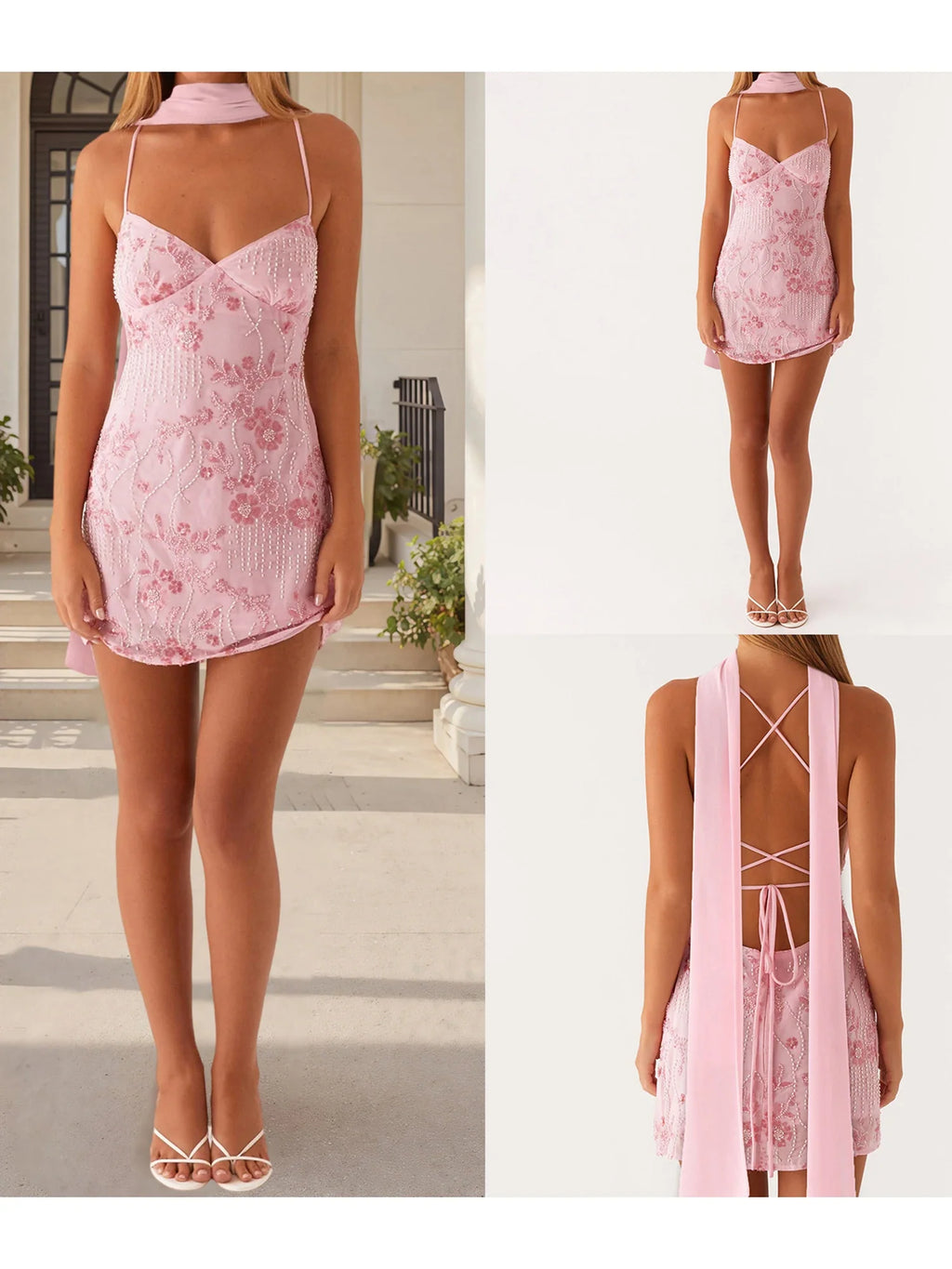 Elegant Women s Sleeveless Bodycon Dress with Spaghetti Straps and V Neckline Perfect for a Night Out with Matching Scarf